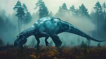 A large dinosaur walking through a forest in the fog video
