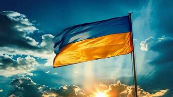 A yellow and blue flag flying in the sky with the sun setting behind it video