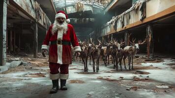 A man dressed as Santa Claus walking with a herd of reindeer in an abandoned building video