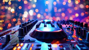 A close up of a dj mixer in front of a colorful background video