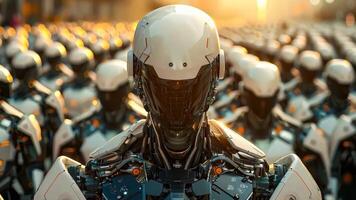 A robot standing in front of a large group of robots video