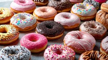 un pila de clasificado rosquillas con diferente coberturas en un mesa video