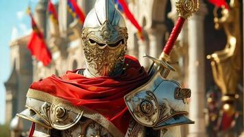 A man in armor holding a sword in front of a building video