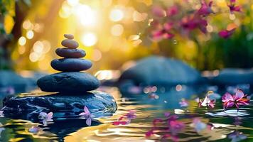 A stack of pebbles sitting on top of a rock in a pond video