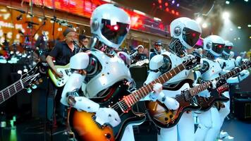 A group of robots playing guitars in front of a crowd video