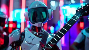 A robot playing a guitar in front of a group of robots video