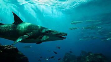 A large shark swimming in the ocean with many fish around it video