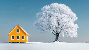 A yellow house in the middle of a snowy field next to a tree video