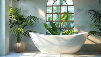 A white bathtub sitting in a bathroom next to a window video