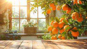 A wooden table with a bunch of oranges hanging from a tree video
