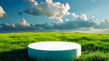 A white pedestal in the middle of a green field under a cloudy sky video