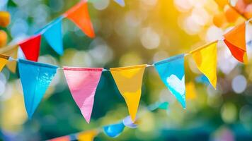 Colorful bunting flags hanging from a string in the air video