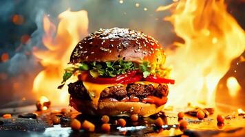 A hamburger with cheese, lettuce, tomato, and lettuce on a bun video