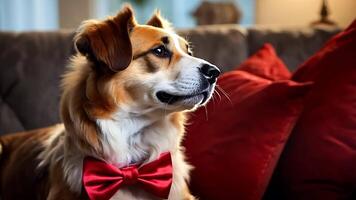 A dog wearing a red bow tie sitting on a couch video