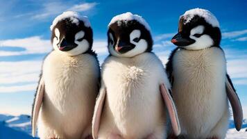 Three baby penguins standing on top of a snow covered ground video