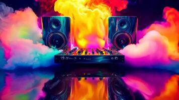 un' paio di Altoparlanti seduta su superiore di un' tavolo Il prossimo per un' dj miscelatore video