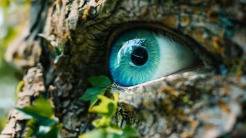 A close up of a tree with a blue eye in the middle of it video