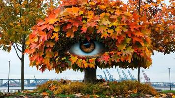 A tree with a large eye in the middle of it video