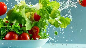 A bowl of salad with tomatoes and lettuce splashing out of it video