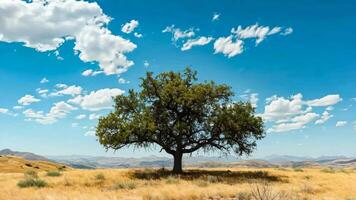 A lone tree in the middle of a grassy field under a blue sky with clouds video