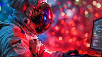 A man in a space suit sitting in front of a computer video