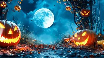 A group of jack-o-lanterns in a forest with a full moon in the background video
