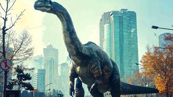 A large dinosaur in the middle of a city street video