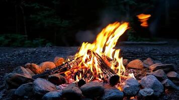 A fire burns in the middle of a pile of rocks video