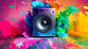 A colorful speaker sitting on top of a colorful surface video