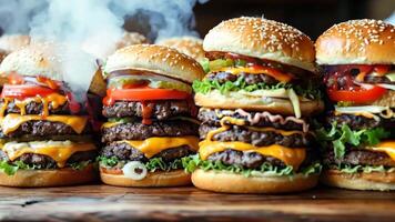 A row of hamburgers with smoke coming out of them on a table video