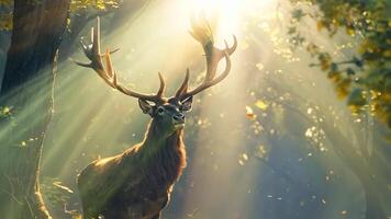 A deer standing in the middle of a forest with the sun shining through the trees video