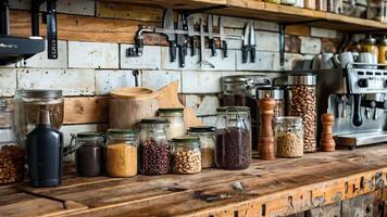A wooden counter topped with jars filled with different types of coffee beans video