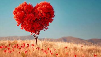 A heart shaped tree in the middle of a field of red flowers video