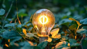 A light bulb sitting in the middle of a field of green leaves video