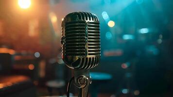 A microphone on a stand in front of a stage video