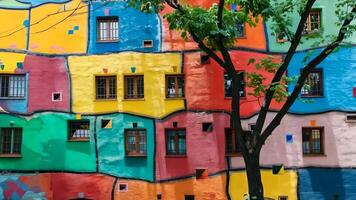 A colorful building with a tree in front of it video