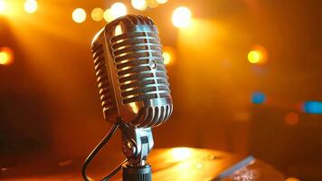 A microphone on a stand in front of a stage with lights video