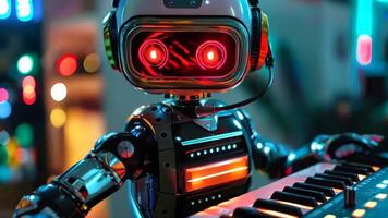A robot playing a keyboard in front of a city at night video