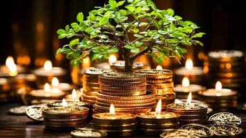 A small tree sitting on top of a pile of coins next to a pile with lit candles video