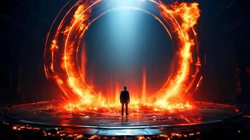 A man standing in front of a large circle of fire video