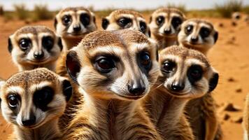 A group of meerkats standing in a line looking at the camera video