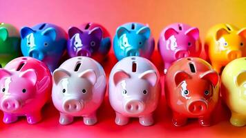 A row of colorful piggy banks lined up in a row on a red surface video