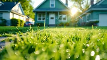 A house with a lawn in front of it with water droplets on it video