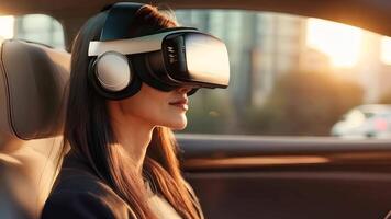 A woman wearing a virtual reality headset in a car video