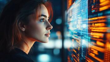 A woman looking at a computer screen with code on it video