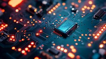 A close up of a computer circuit board with red lights video
