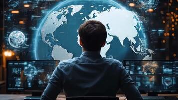 en man Sammanträde på en skrivbord i främre av två dator monitorer med en värld Karta på de skärm video