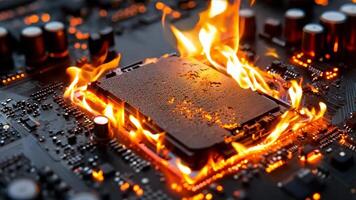 uma computador placa mãe em fogo com uma CPU em topo do isto video