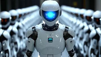 A robot standing in front of a line of robots video