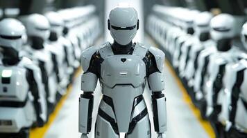 A group of robots standing in a line in a factory video